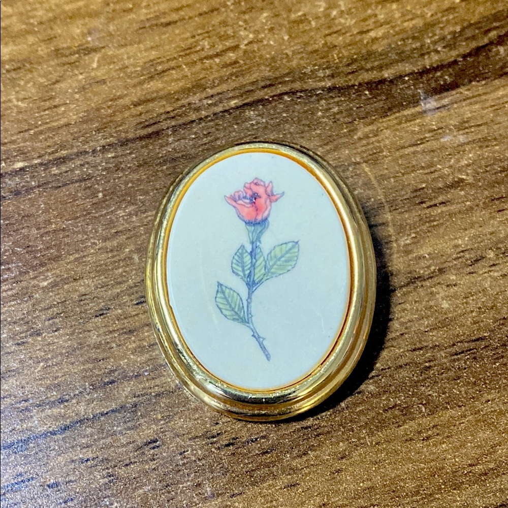 Barlow Vintage Gold Framed Brooch With Delicate Hand Painted Rose Design